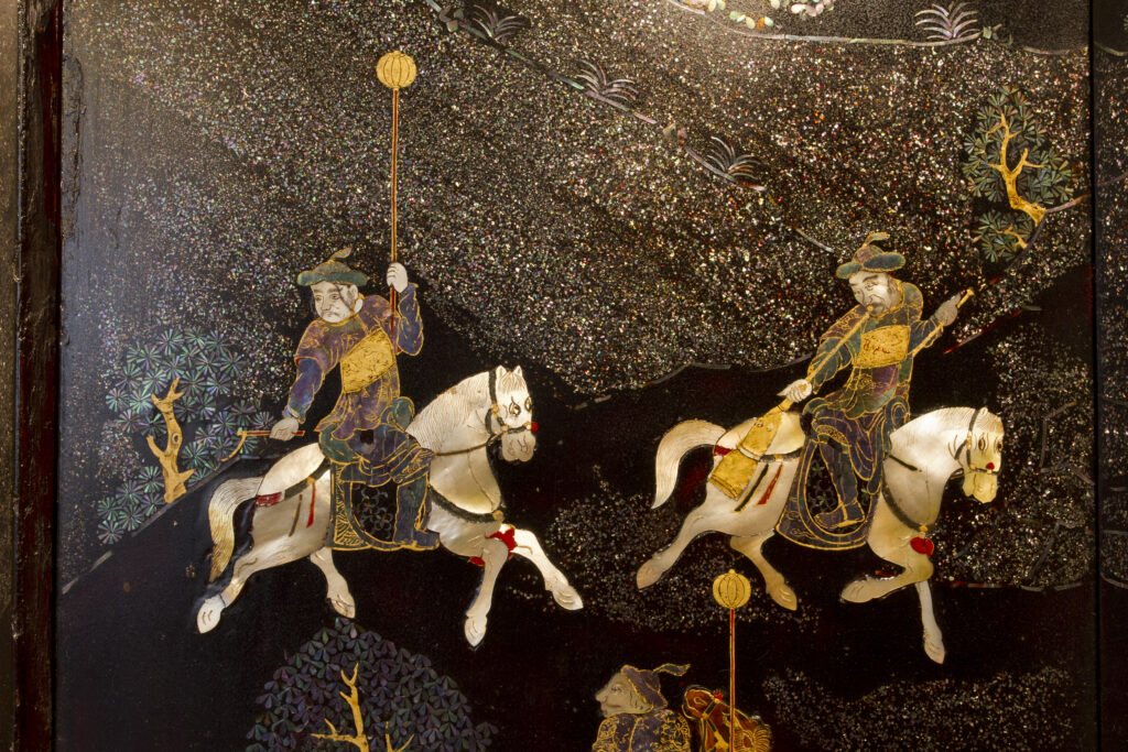 Paravento: particolare con scena di caccia (dettaglio).